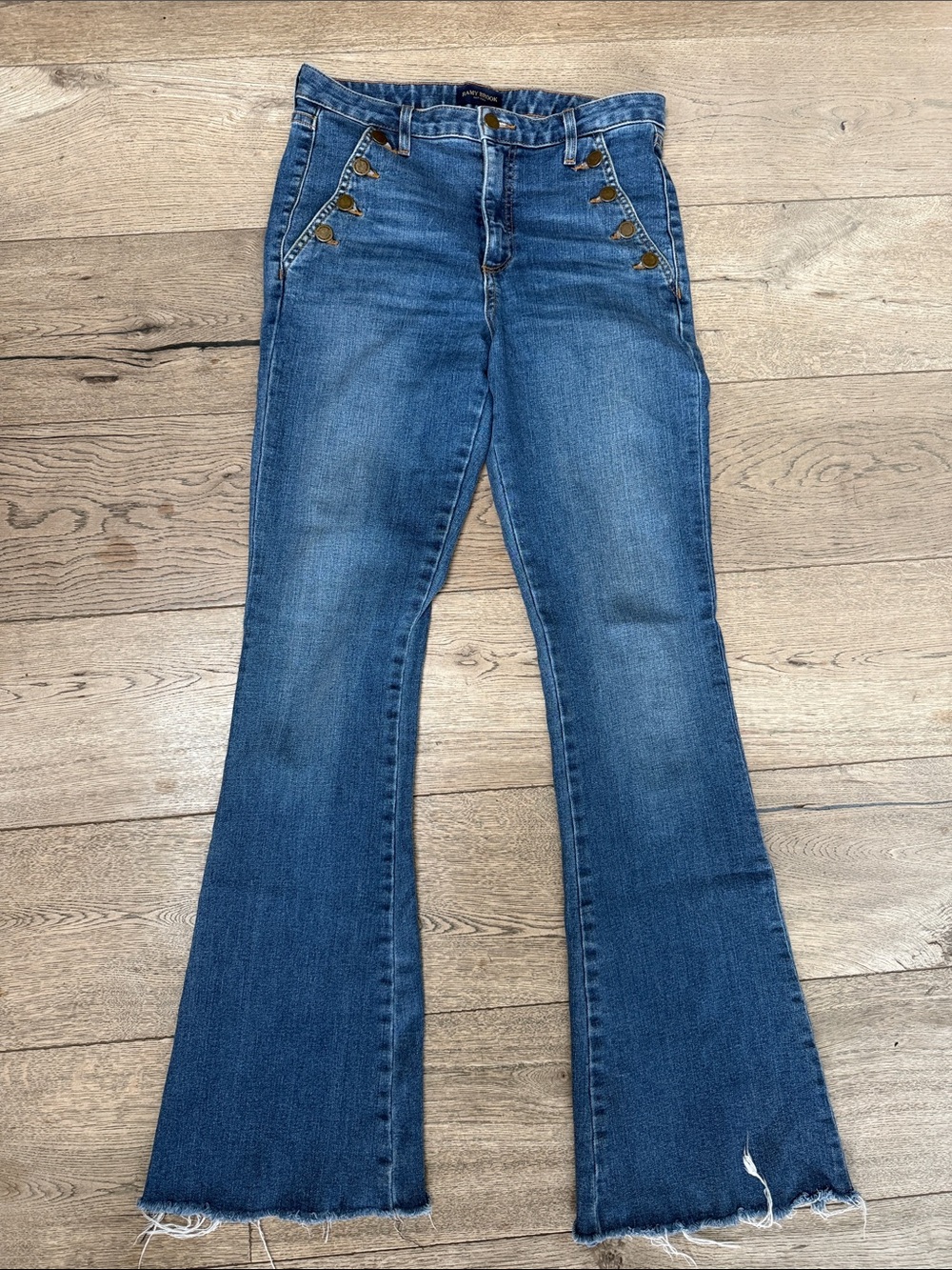 Ramy Brook Blue Flared High-Rise Jeans with Button Accent